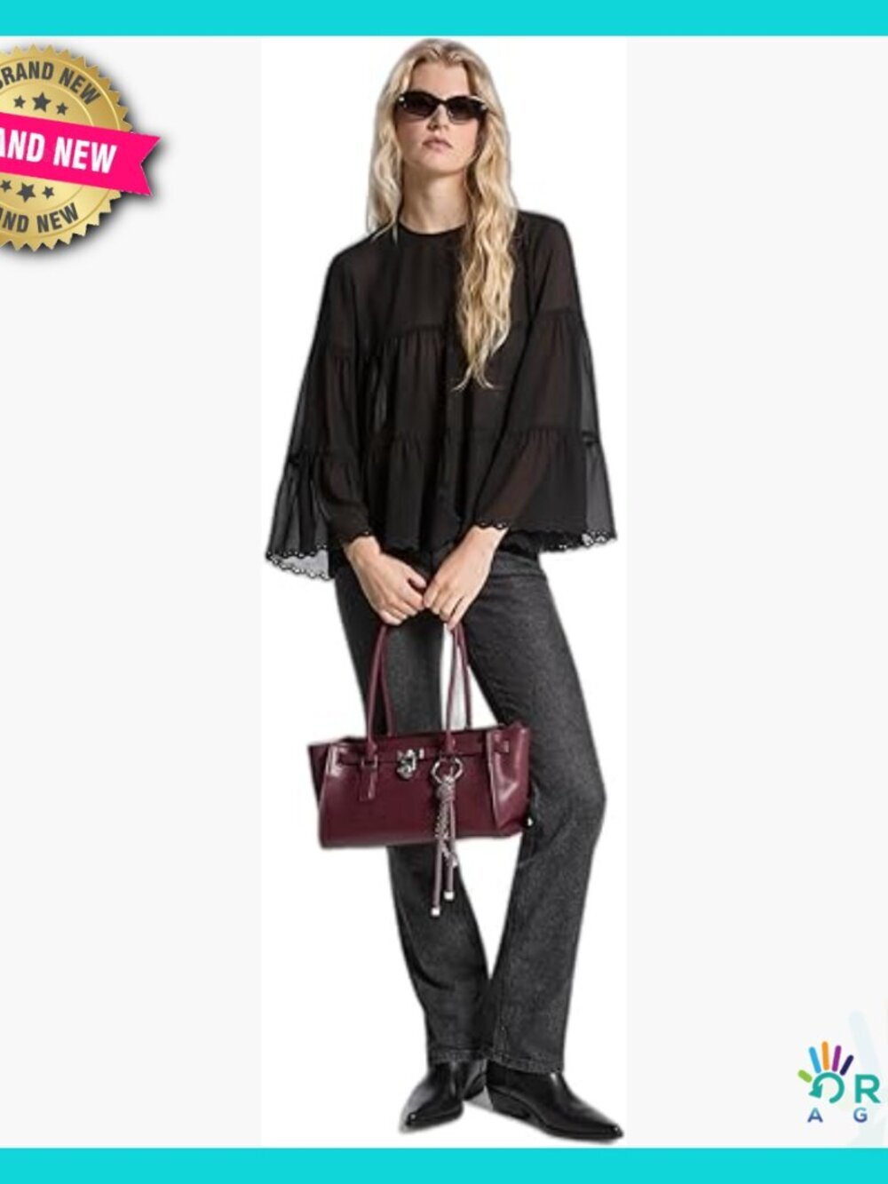 Tiered Long Sleeve Blouse Semi-Sheer Flared Sleeves Scalloped Trim Chic